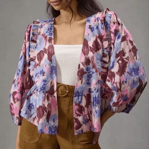 Anthropologie Elizabeth Gillett Floral Ruffle Crop Kimono Women's One Size - Picture 1 of 6